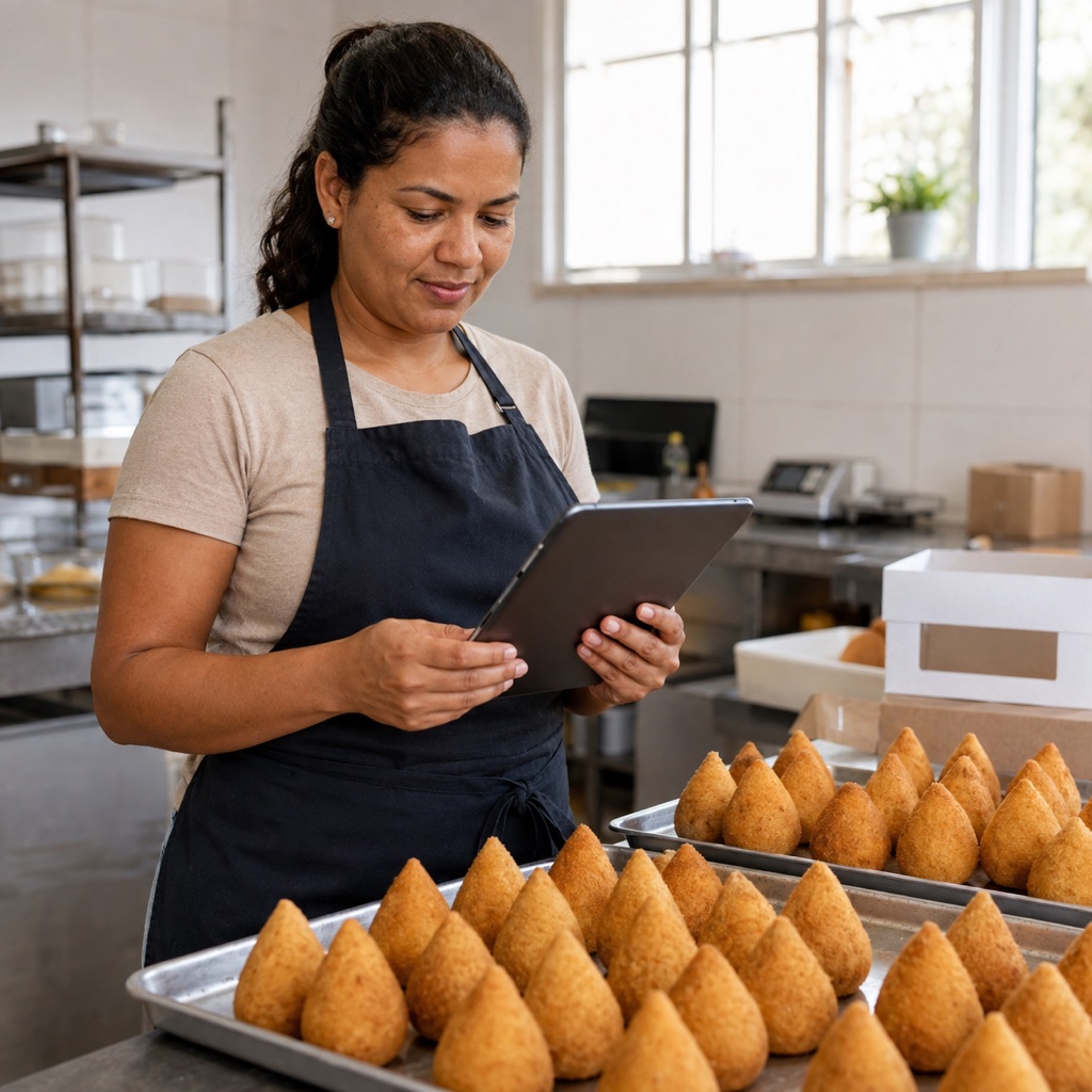 Empreendedora de salgados conferindo a produção e os pedidos em um tablet